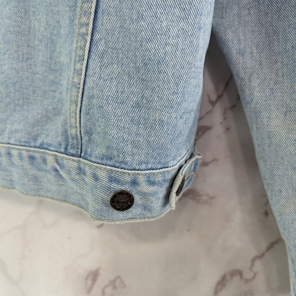 Vintage Denim Jacket Women Large Jean 80s 90s Y2K Linen Collar Light Wash Crop - Picture 8 of 14